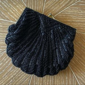 Gorgeous Vintage Black Beaded Clamshell Clutch